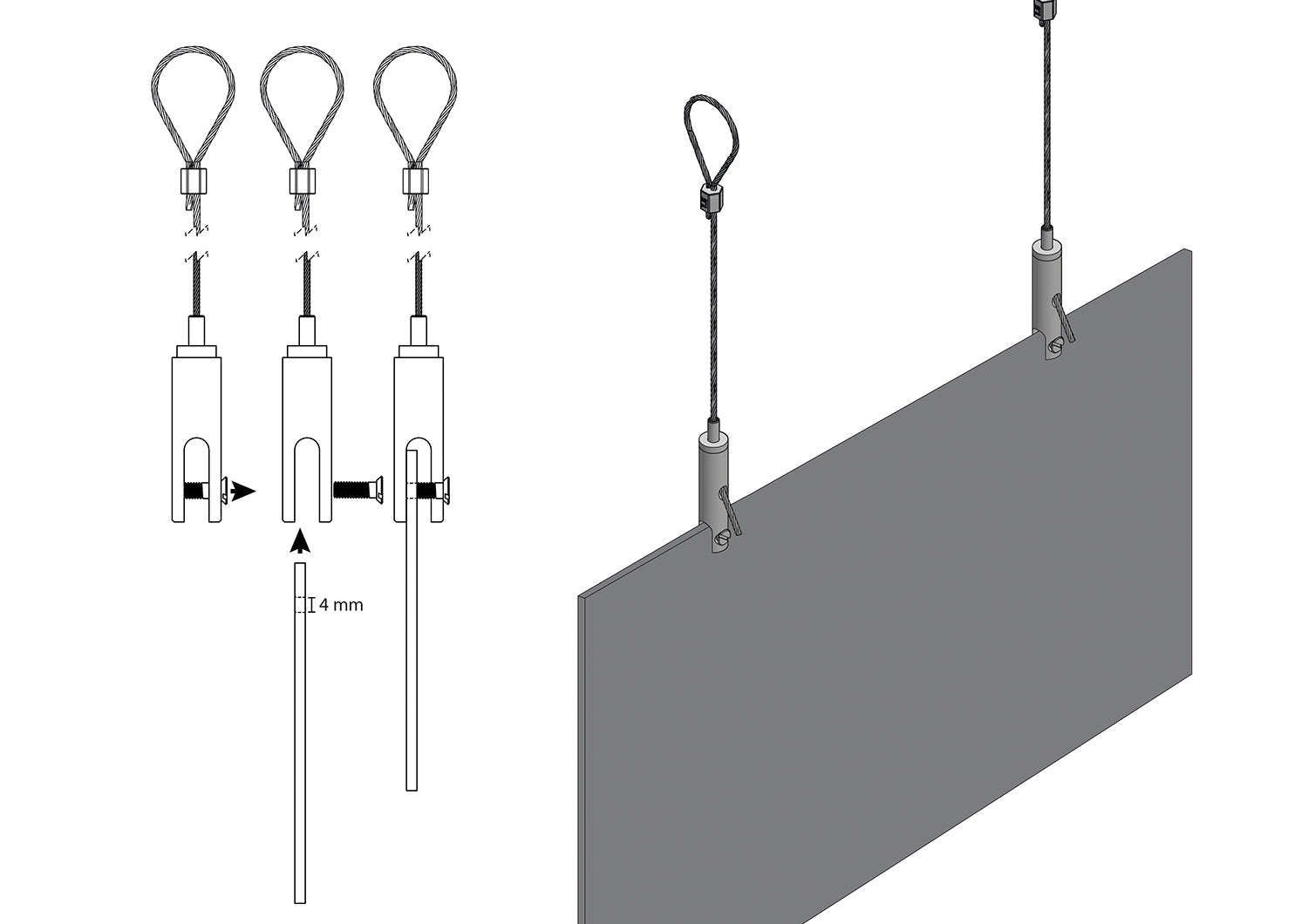 STAS suspension pour panneaux jusqu'à 6mm, câble acier 2m.