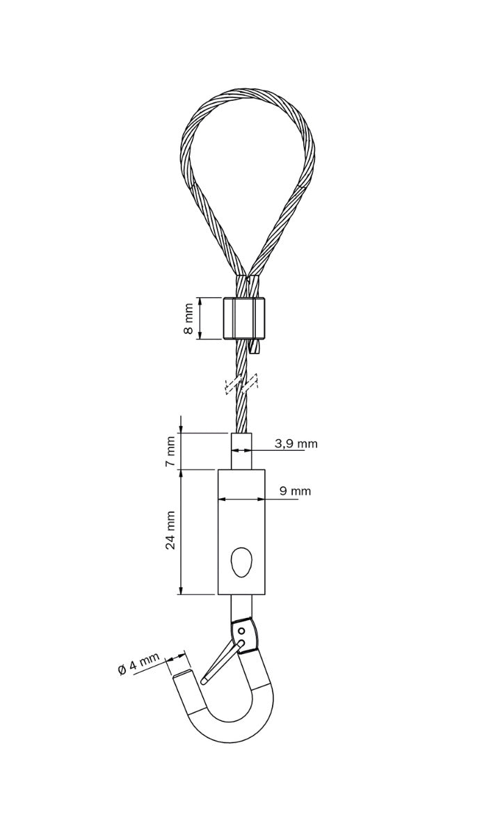 STAS kit: crochet de sécurité, boucle fixe, câble acier réglable pour une suspension sécurisée.